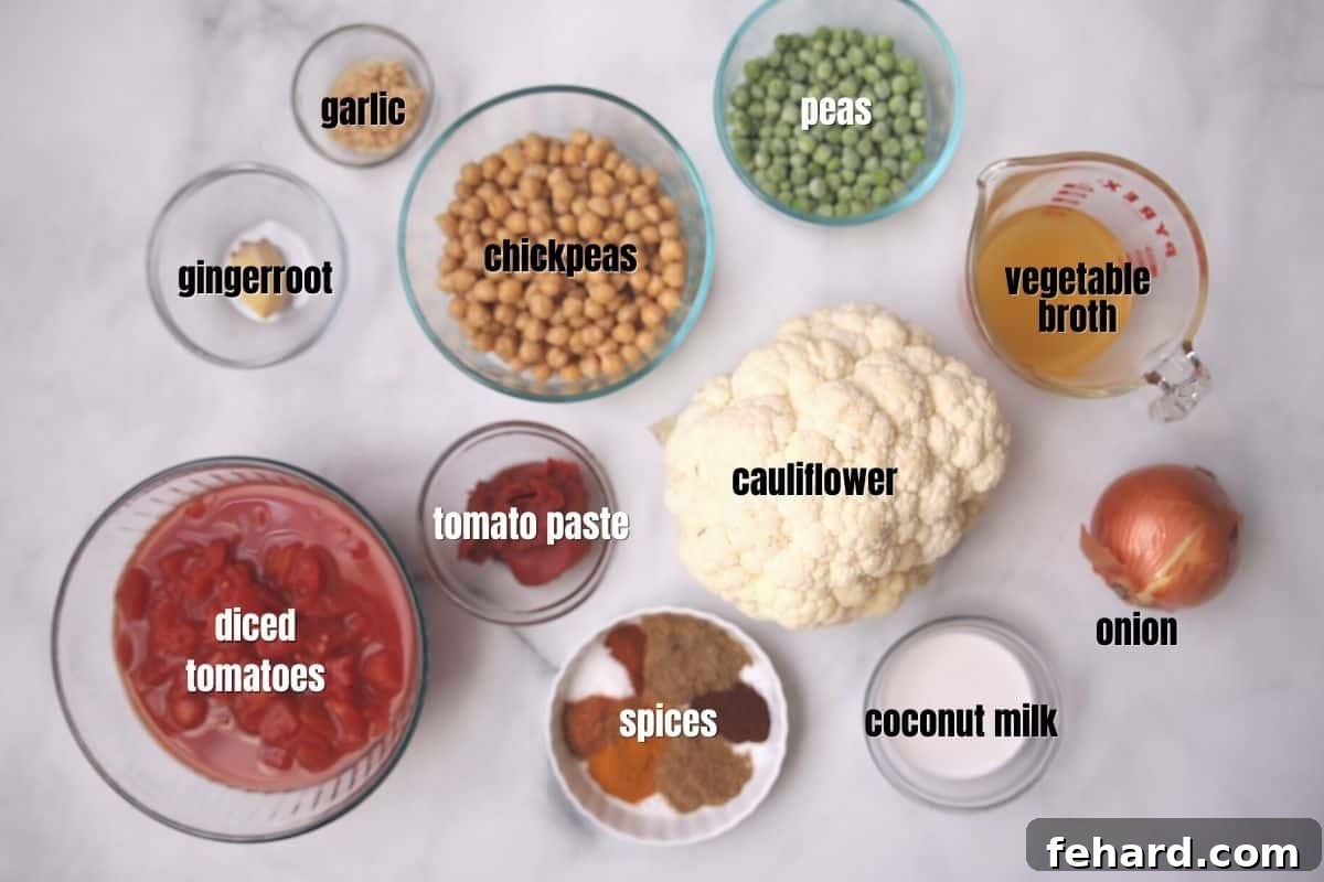 Ingredients labled for Vegetarian Tikka Masala on counter. 