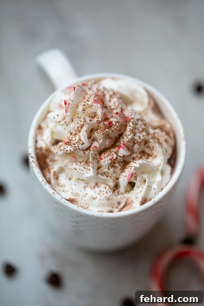 Best Homemade Hot Chocolate Recipe Mug of homemade hot chocolate topped with whipped cream and crushed peppermints, ready to be enjoyed.