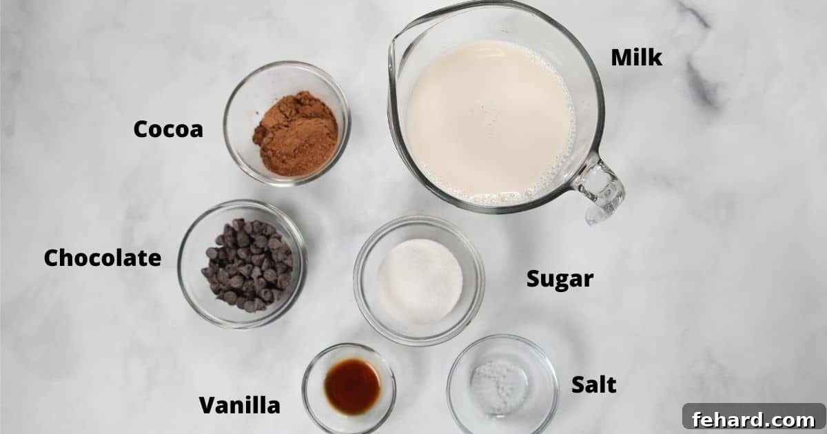 Recipe for Hot Chocolate Ingredients Key ingredients for homemade hot chocolate displayed on a white counter, clearly labeled for convenience.