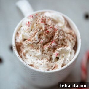 Close up of mug of hot chocolate topped with whipped cream and crushed peppermints.