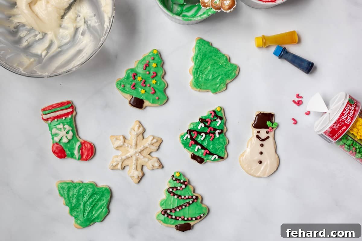 Artfully Decorated Sugar Cookies with Cream Cheese Frosting A collection of vibrant sugar cookies, beautifully decorated with green and white cream cheese frosting, showcasing intricate piping details and festive sprinkles.