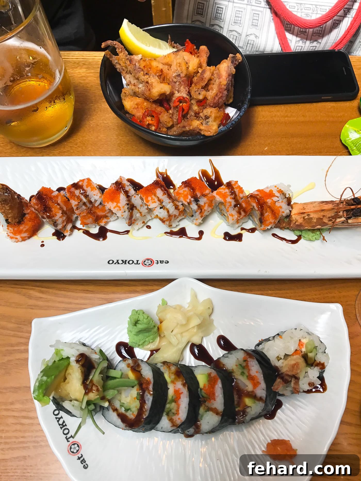 An appetizing overhead view of fresh sushi served on a table