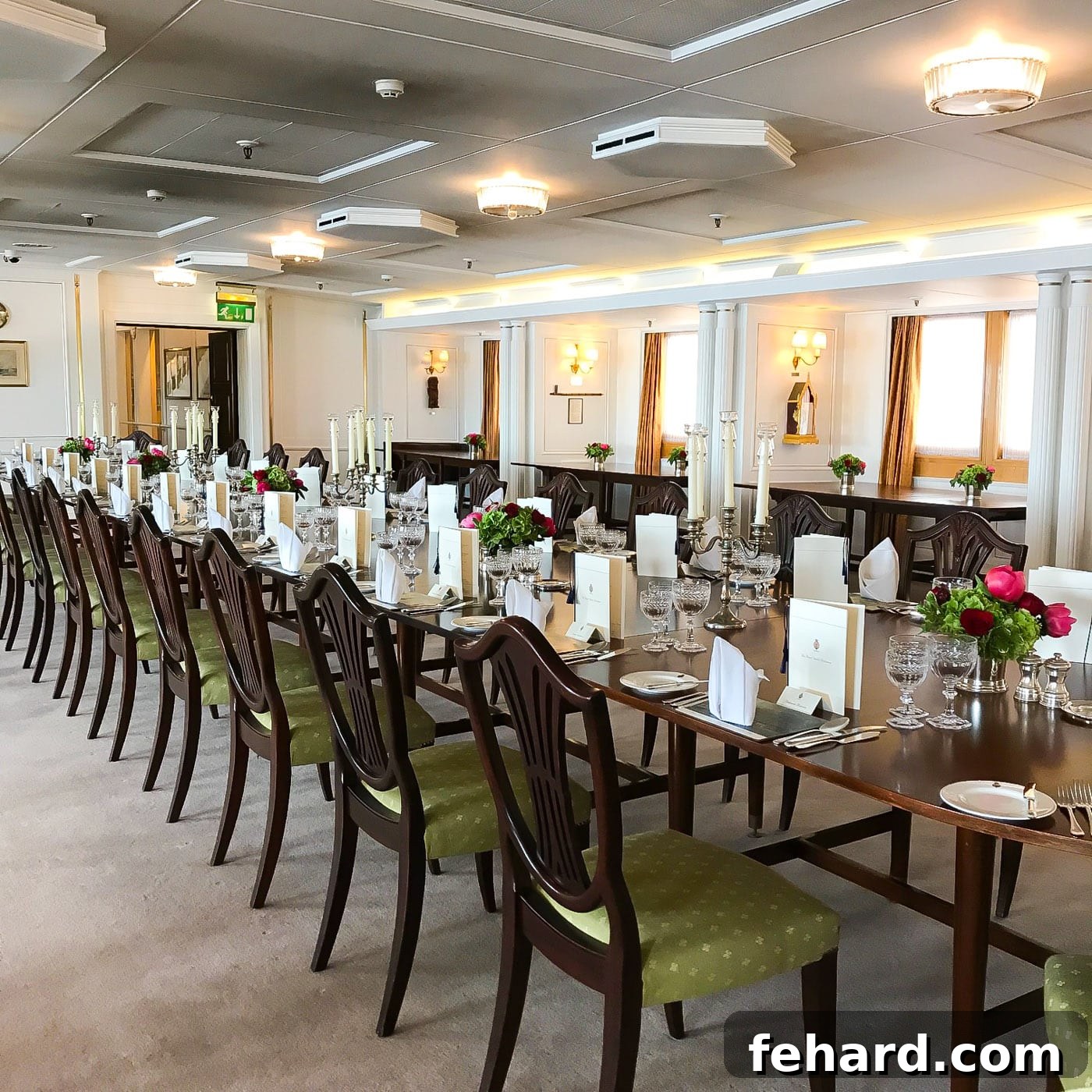 The opulent interior of the dining room aboard The Royal Yacht Britannia