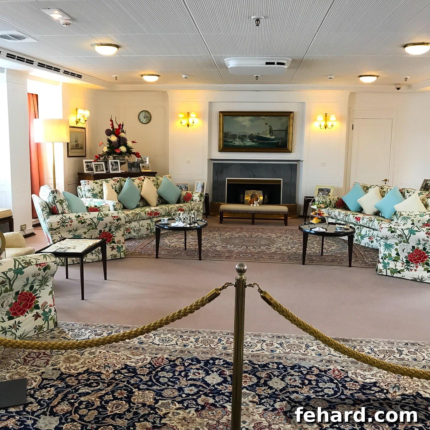 A view inside the elegantly furnished living room of The Royal Yacht Britannia