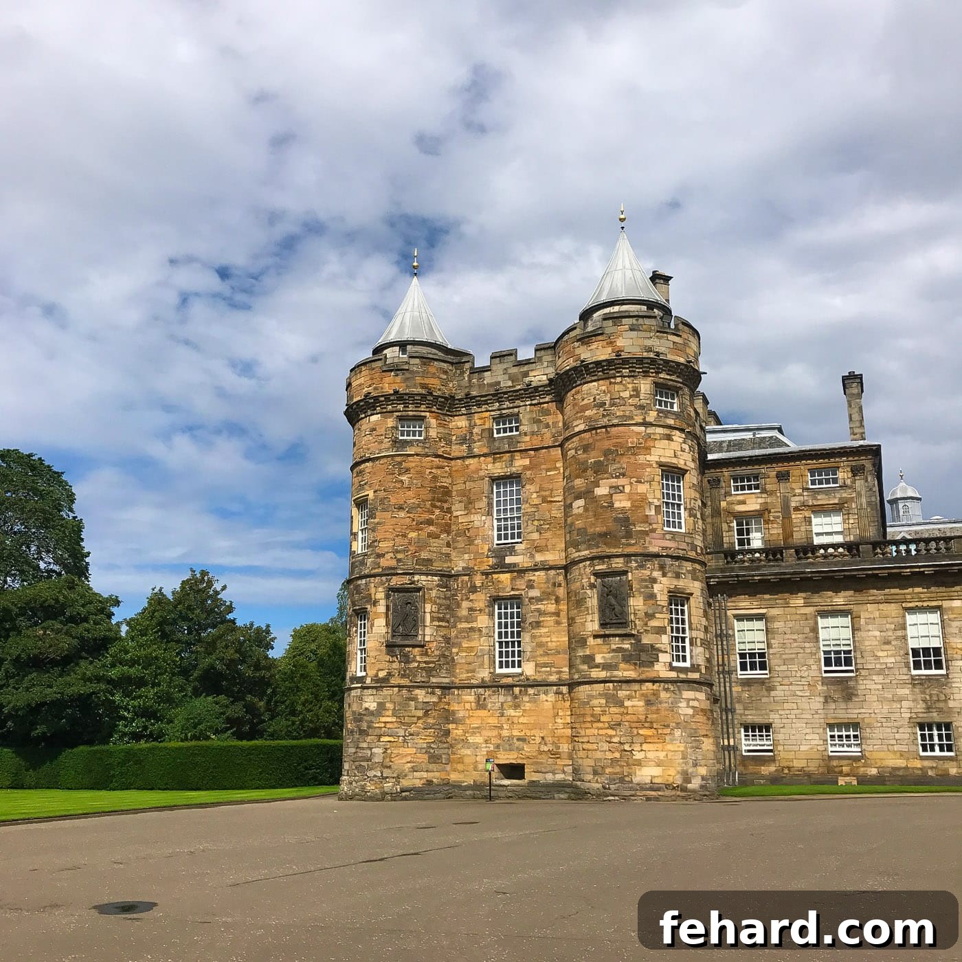 The impressive entrance and grounds of The Palace of Holyroodhouse