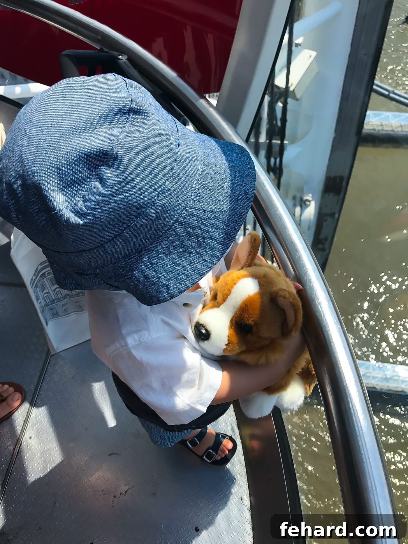 An adorable toddler holding a stuffed dog inside a capsule of the London Eye