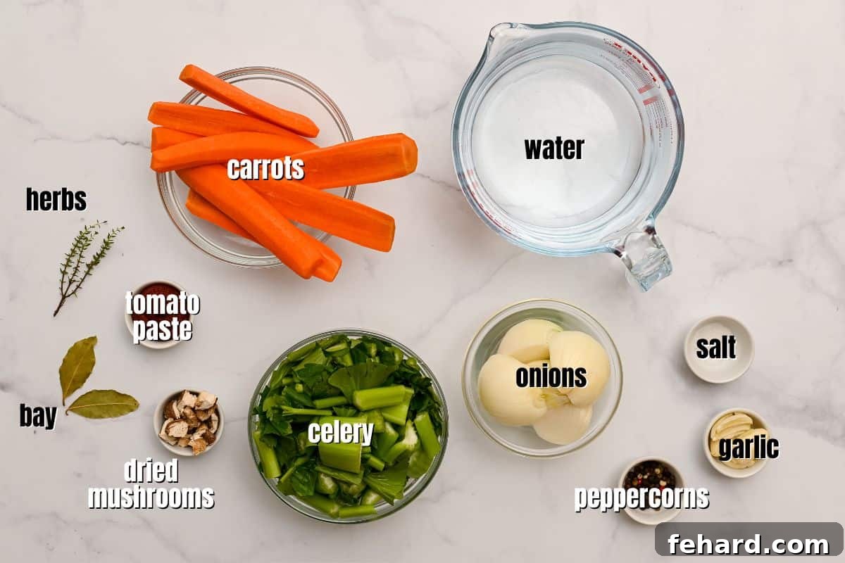 Veggie Broth Ingredients Celery, carrots, onions, water, and spices on counter in preparation to make homemade vegetable broth.