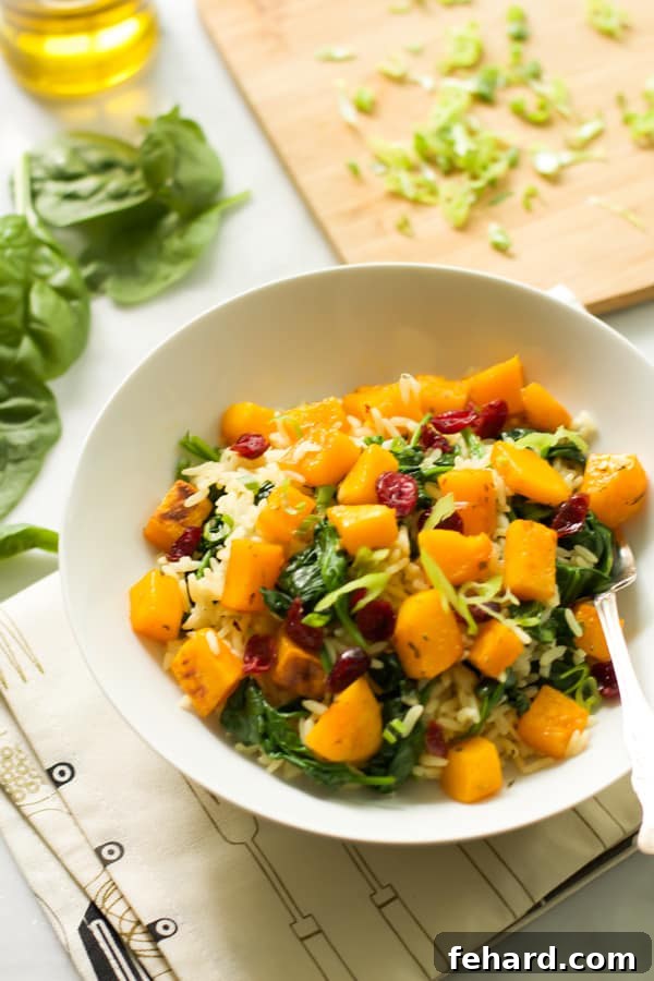 A bowl of flavorful rice mixed with golden roasted butternut squash and vibrant dried cranberries.