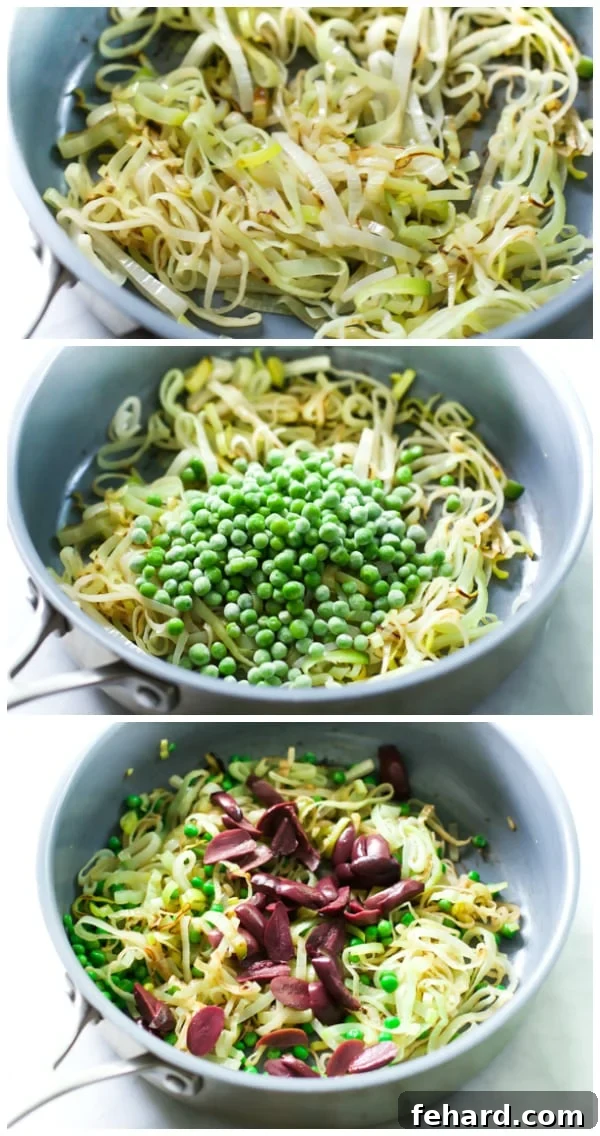 A step-by-step photo collage showing leeks being sautéed, then frozen peas added, followed by Kalamata olives being stirred in.
