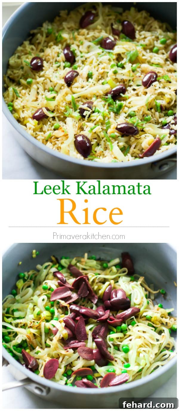 A beautifully composed shot of Leek Kalamata Rice in a bowl, highlighting its vibrant colors and textures.