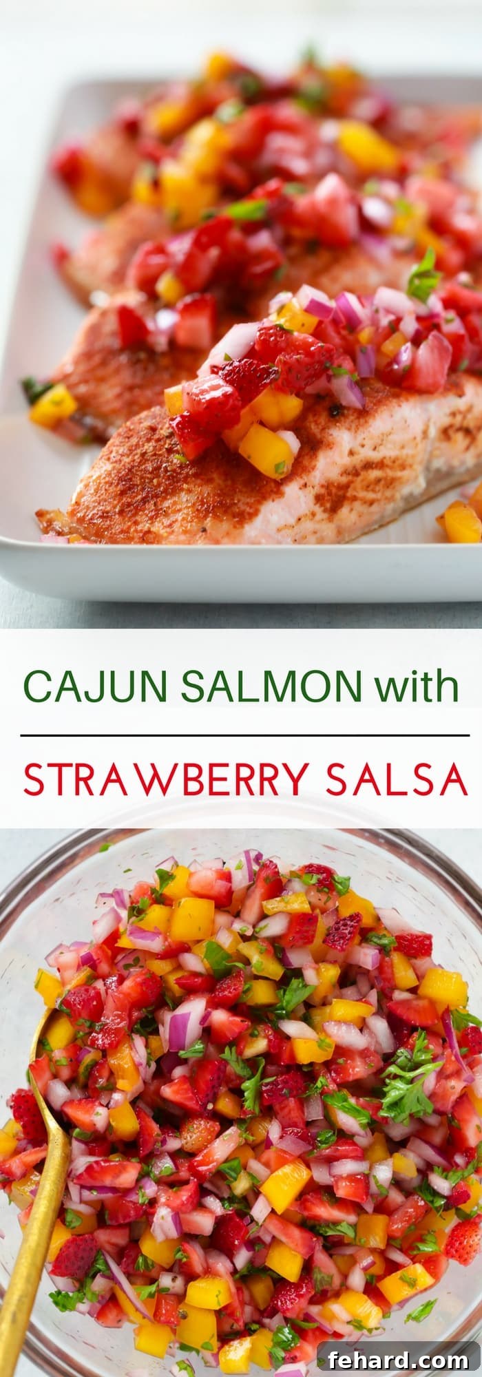 A beautifully plated Cajun Salmon with Strawberry Salsa, garnished with fresh herbs and lime wedges, ready to be enjoyed.