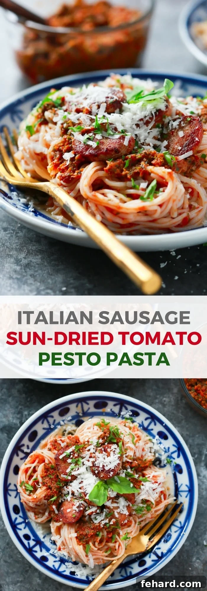 A final, appetizing shot of Italian Sausage Sun-dried Tomato Pesto Pasta in a serving bowl, showcasing its readiness to be enjoyed. The colors are vivid and the dish looks incredibly delicious.