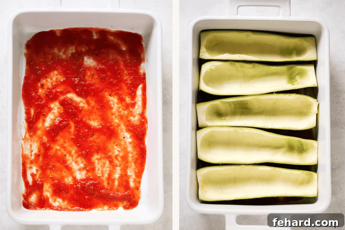 Savory Chicken Zucchini Boats 2 left: tomato sauce in a white casserole. right: zucchini boats in a white casserole