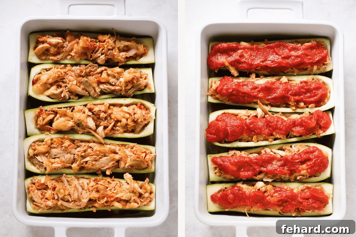 Savory Chicken Zucchini Boats 3 left: zucchini boats with cooked chicken inside in a white casserole. left: zucchini boats with cooked chicken and tomato sauce on top inside in a white casserole.