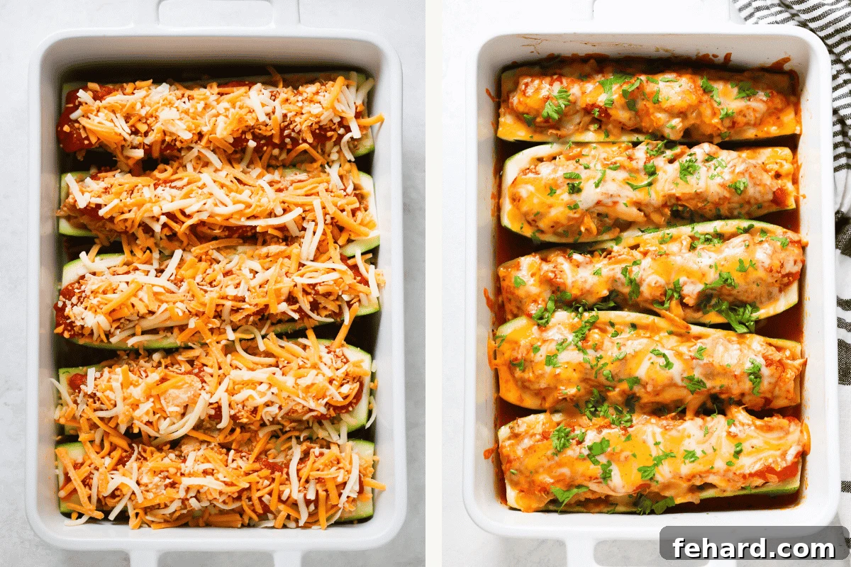 Savory Chicken Zucchini Boats 4 Photo Collage (and shown): two photos of a white casserole containing chicken zucchini boats