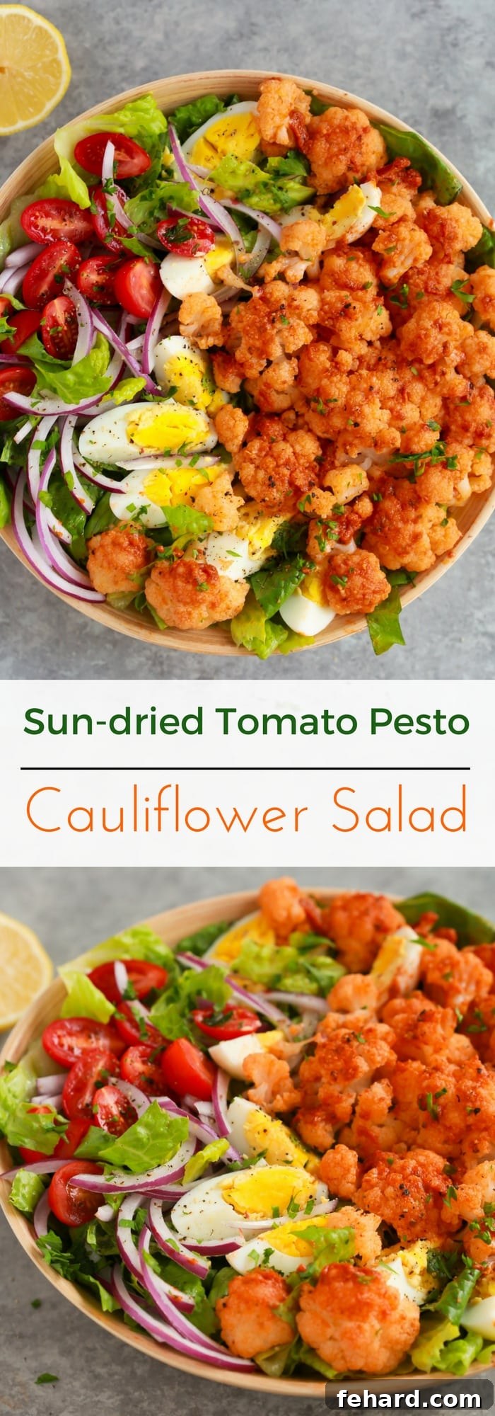 A beautifully plated Sun-dried Tomato Pesto Cauliflower Salad, ready to be enjoyed.