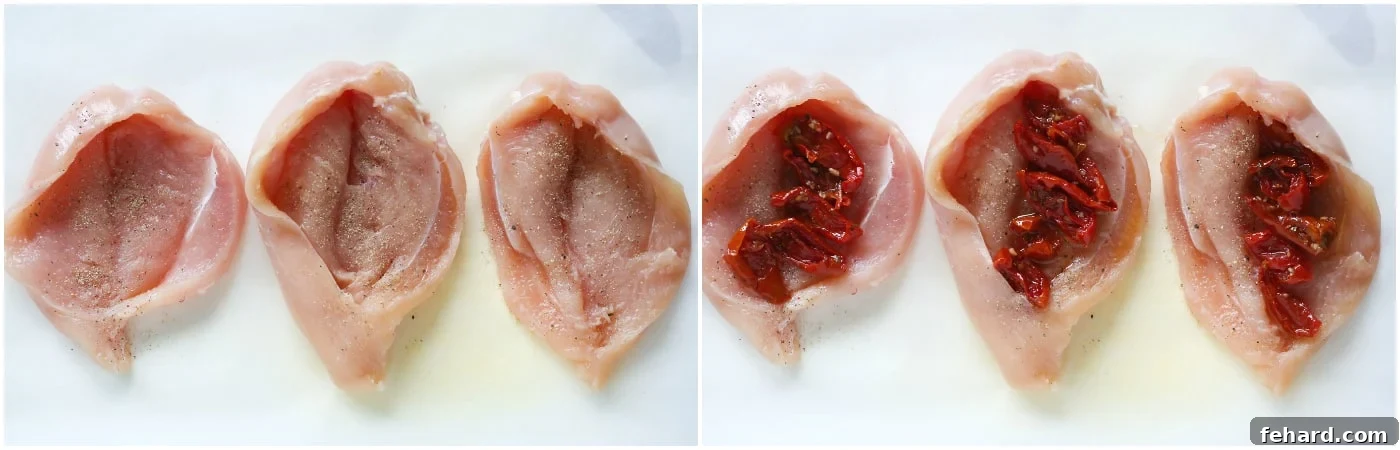 Left: seasoned chicken breast with pockets expertly cut into one side, ready for stuffing. Right: Vibrant sun-dried tomatoes being carefully placed into the prepared chicken pocket.