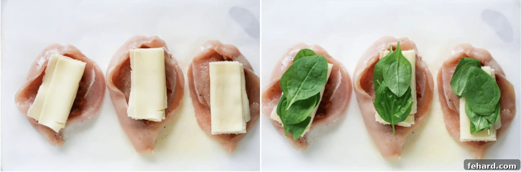 Left: Creamy mozzarella cheese slices being carefully added to the chicken breast pocket. Right: Fresh spinach leaves piled high atop the cheese and sun-dried tomatoes in the chicken pocket, ready to be sealed.