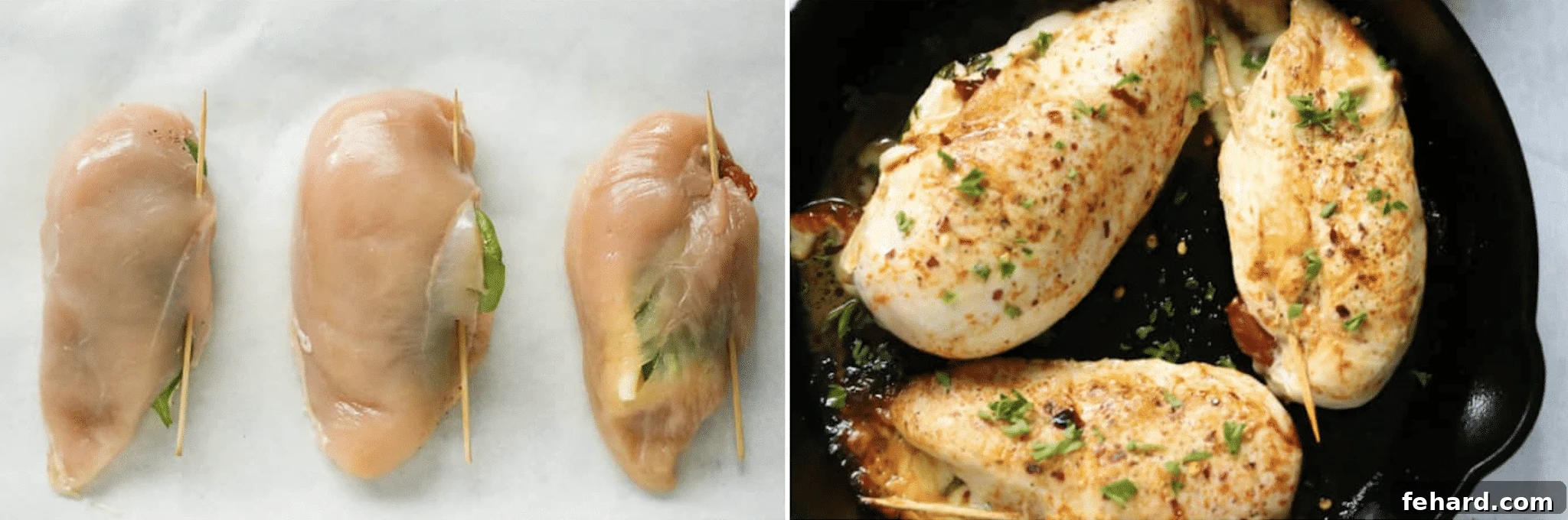 Left: Raw, generously stuffed chicken breasts, meticulously secured with toothpicks. Right: Expertly seared chicken breasts achieving a perfect golden-brown crust in a hot skillet, ready for the oven.