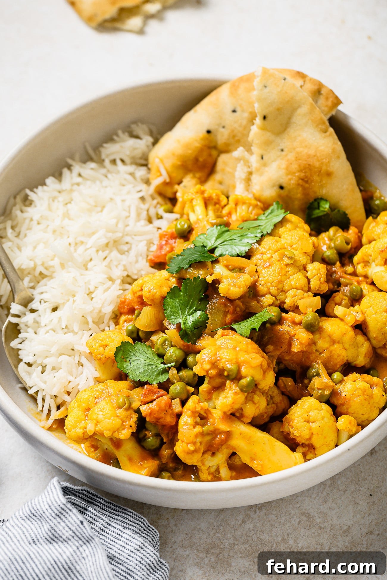 A closeup of coconut curry in a bowl with rice, naan, and fresh parsley.