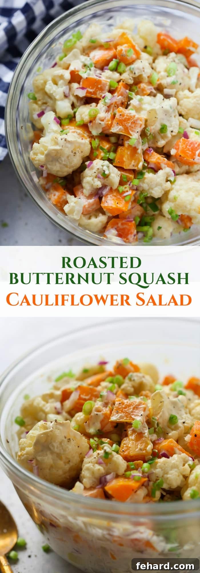 Delicious and healthy Roasted Butternut Squash Cauliflower Salad.
