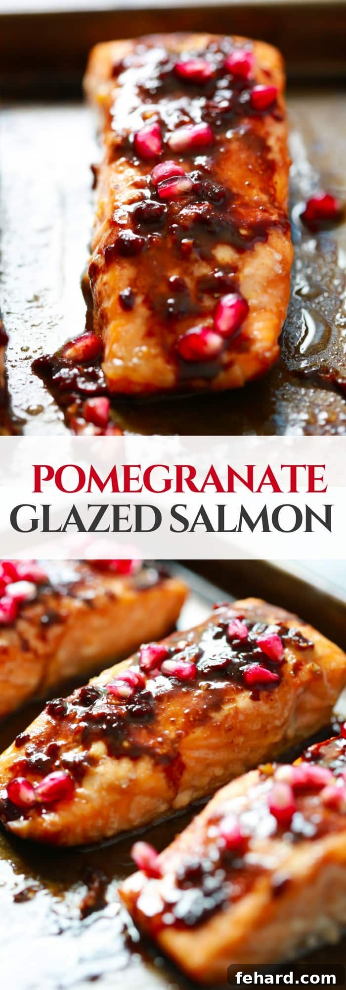 Pomegranate Glazed Salmon: A healthy, quick, and easy dinner idea. A vibrant close-up of pomegranate glazed salmon, garnished with fresh pomegranate seeds and herbs, ready to be served.