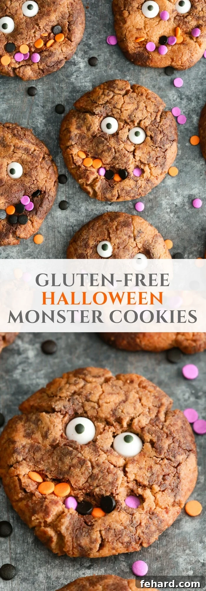 Homemade Gluten-Free Monster Cookies Perfect fun Gluten-free Halloween cookies to make with your kids. They’re made with almond butter, natural sweetener and dark chocolate chips. A tall, narrow image showing a pile of monster cookies with candy eyes and sprinkles.