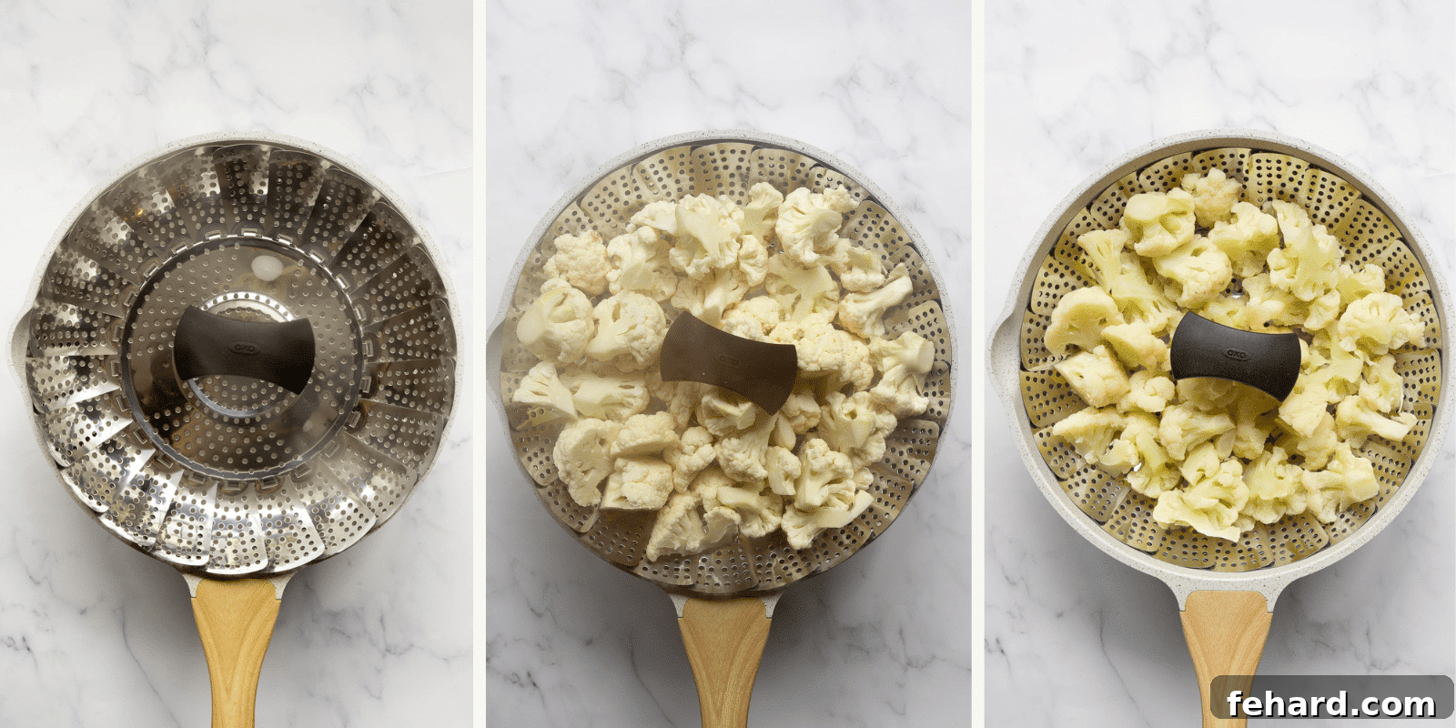 Fresh cauliflower florets steaming in a pot with a steamer basket.