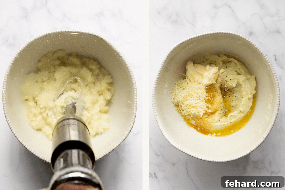 Left image shows an immersion blender pureeing steamed cauliflower in a bowl. Right image shows the cauliflower mash with butter, mayonnaise, and seasonings added, ready to be stirred.