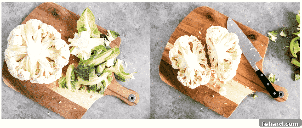 Step-by-step instructions on cutting a cauliflower into florets: Halving the cauliflower head