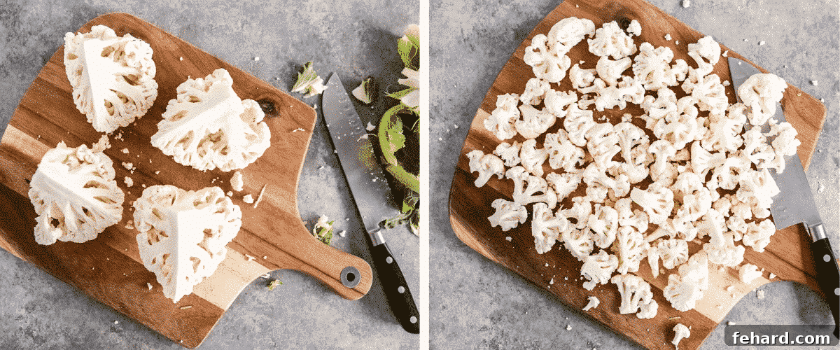 Step-by-step instructions on cutting a cauliflower into florets: Separating florets from the core