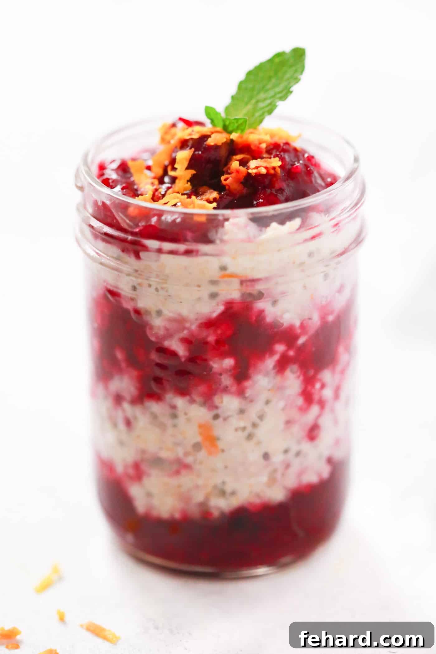 Creamy Cranberry Oatmeal topped with fresh mint leaves in a serving bowl