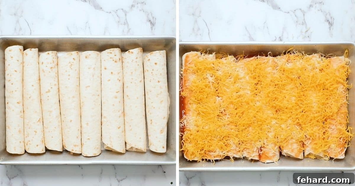 Sauced and Cheesy Chicken Enchiladas Two side-by-side baking pans filled with rolled chicken enchiladas, smothered in red sauce and topped with shredded cheese, ready for the oven.