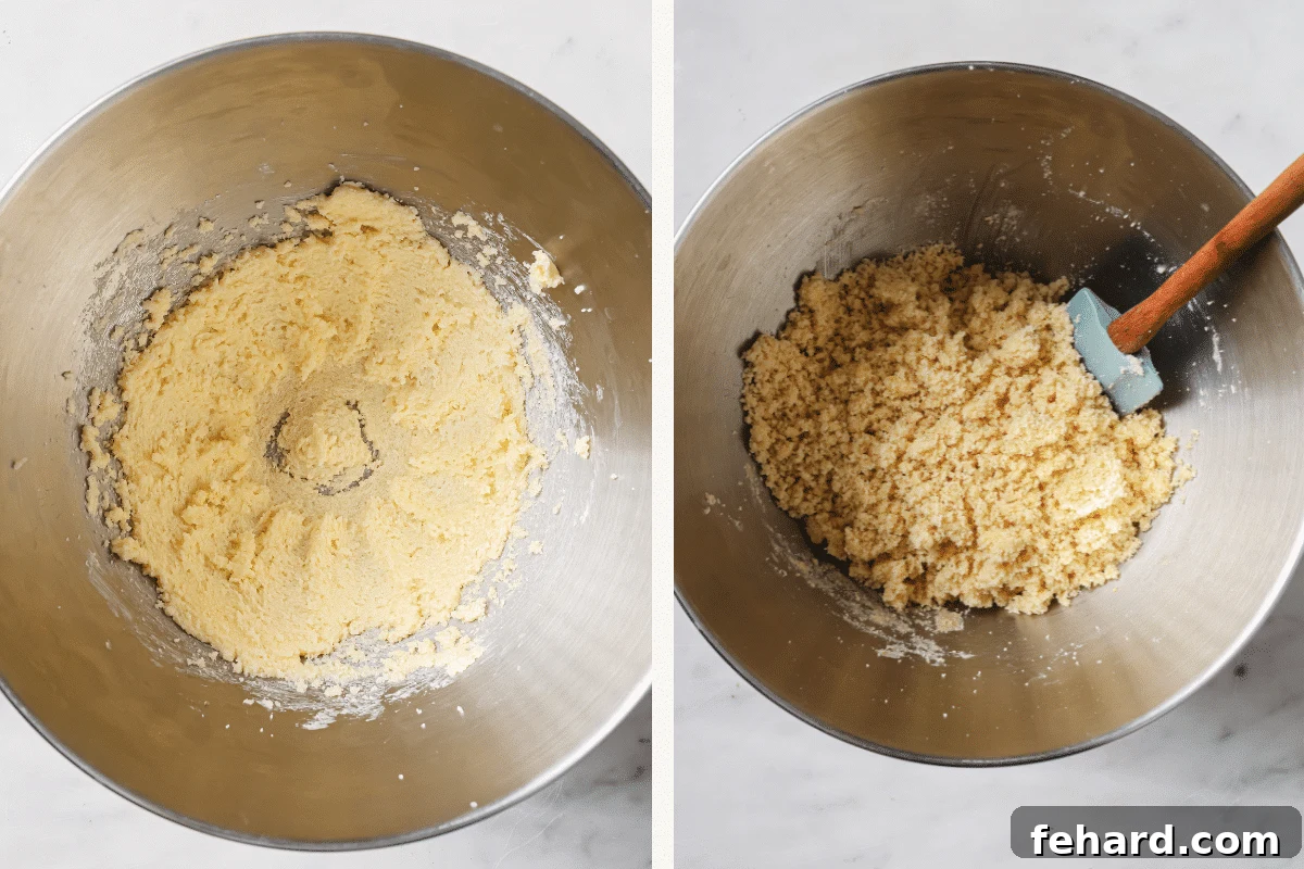 Left: Butter and sugar whisked together in a bowl until light and fluffy. Right: Cookie dough in a bowl after almond flour has been incorporated.