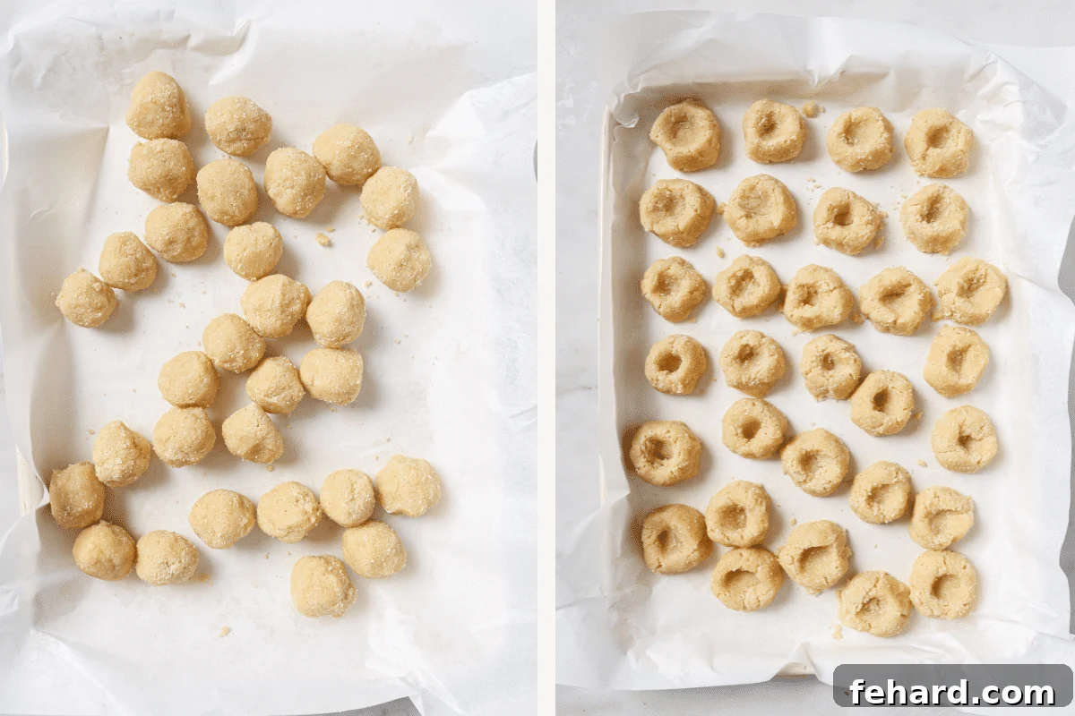 Left: Cookie dough rolled into uniform balls ready for shaping. Right: Cookie dough balls with thumbprints pressed into their centers.