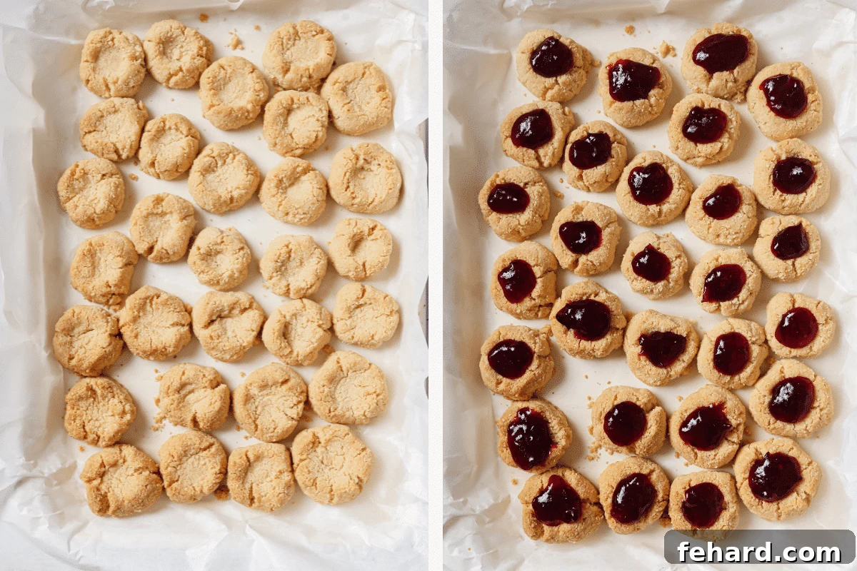 Left: Golden brown cookies fresh out of the oven, cooling on a baking sheet. Right: Cooled cookies with cranberry sauce added to their centers.