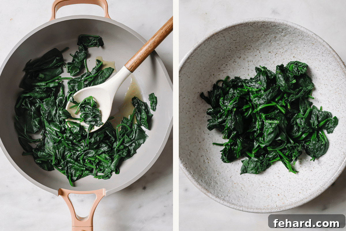 Left: cooked spinach in a skillet. Right: cooked spinach in a bowl. 