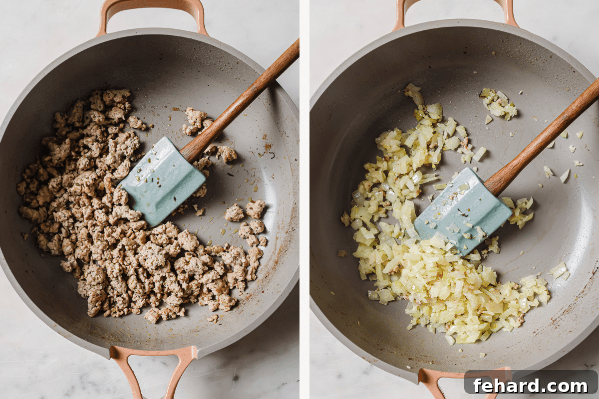 Left: sausage cooking in a skillet. Right: onions and garlic cooking in a skillet.