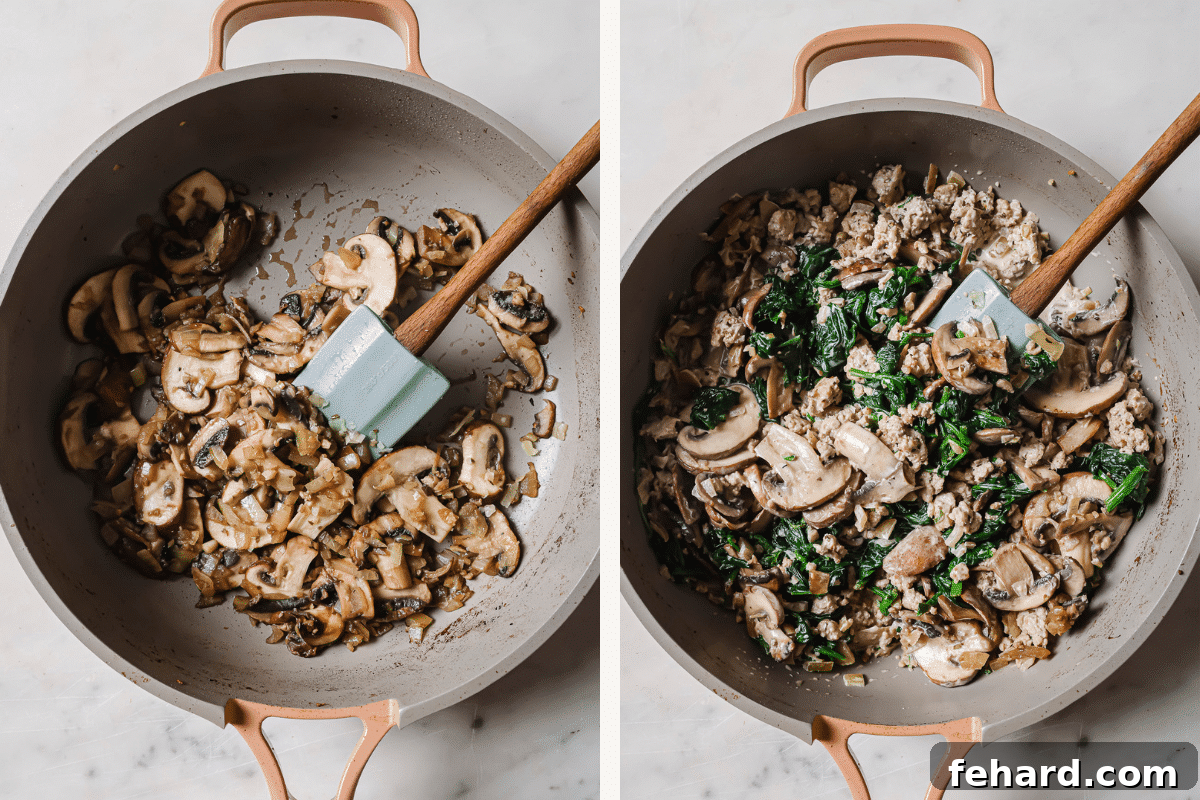 Left: mushrooms added to the skillet. Right: sausage and spinach added to the skillet. 