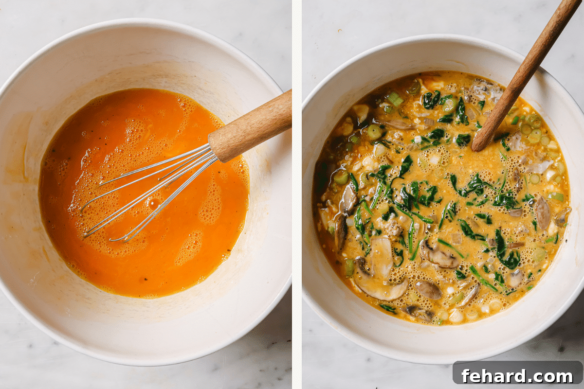Left: eggs whisked in a bowl. Right: filling ingredients added to the eggs. 