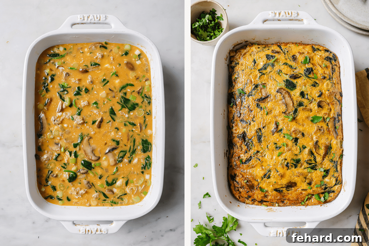 Left: egg mixture in a white baking dish. Right: cooked frittata in a white baking dish.