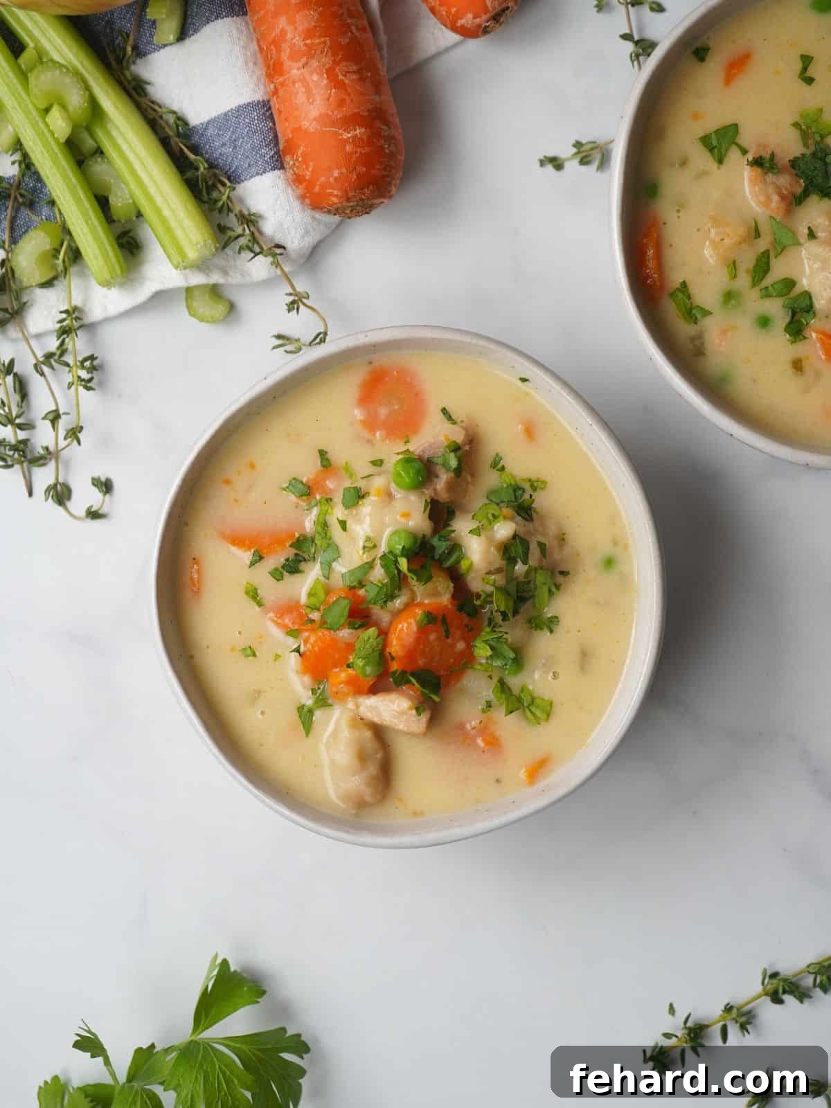 Homemade Instant Pot Chicken and Dumplings soup dished out in a pottery bowl, garnished with fresh parsley, with another full bowl visible in the background.