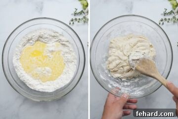Side by side photo of before and after mixing homemade biscuit dough.