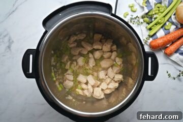 Sauteed chicken in inner pot simmering with wine.