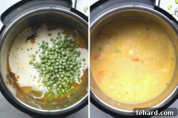 Side by side photo of instant pot before and after stirring in the peas and heavy cream.