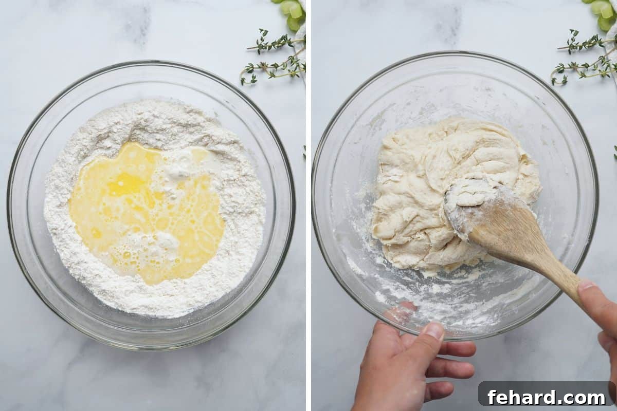 Side by side photo of dumpling dough ingredients before mixing and the prepared, soft homemade biscuit dough ready for use.