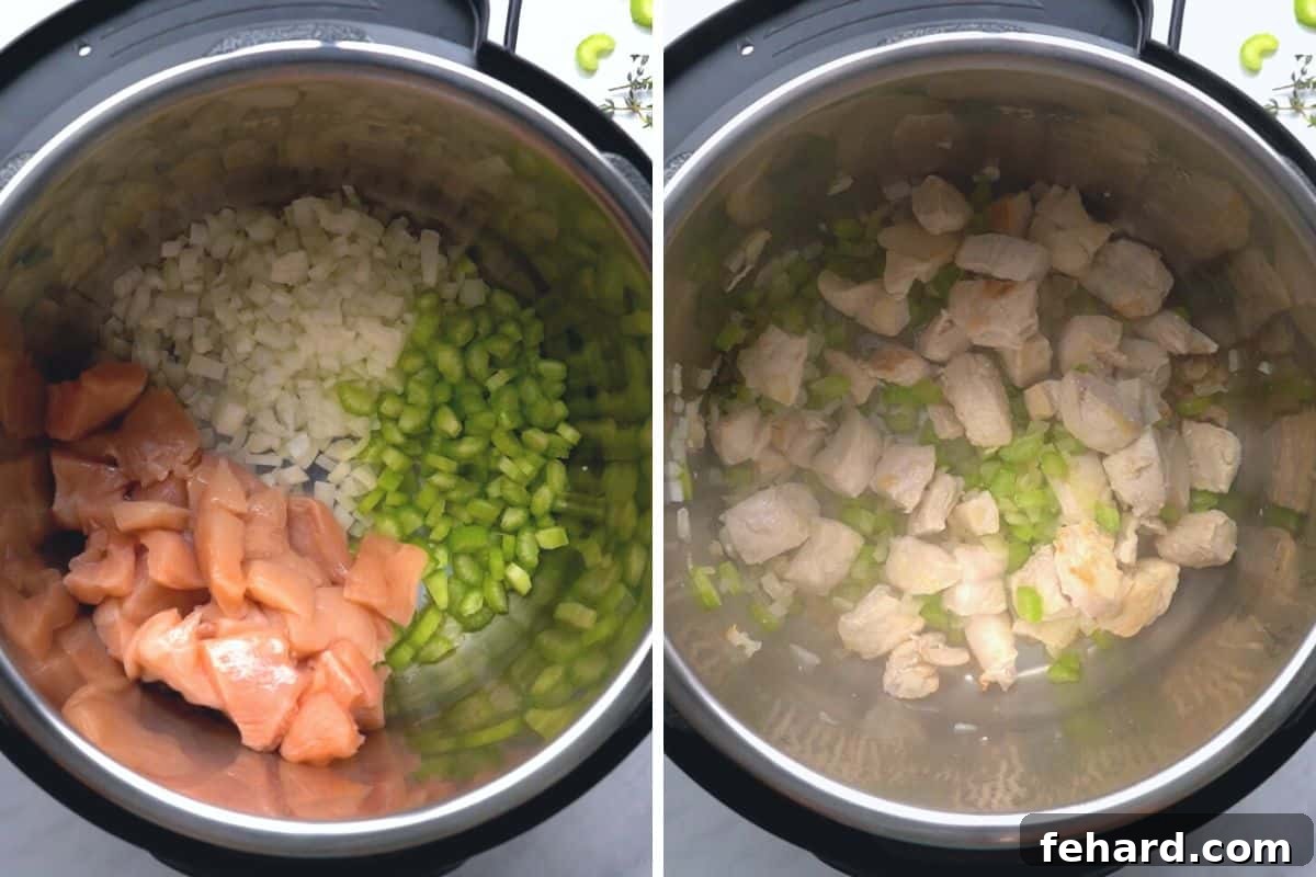 Side by side photo showing raw chicken and vegetables in the Instant Pot before sautéing, and then perfectly browned chicken with softened onions and celery after sautéing.