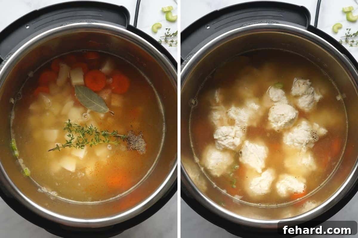 Side by side photo showing chicken and vegetable stew ingredients layered in the Instant Pot, and then the addition of homemade dumpling dough on top before pressure cooking.
