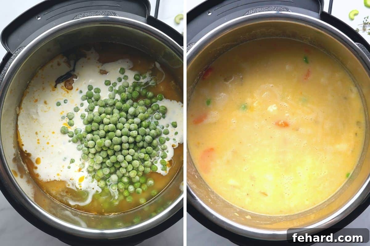 Side by side photo showing the Instant Pot after pressure cooking with dumplings, and then after stirring in fresh green peas and heavy cream for a rich, creamy finish.