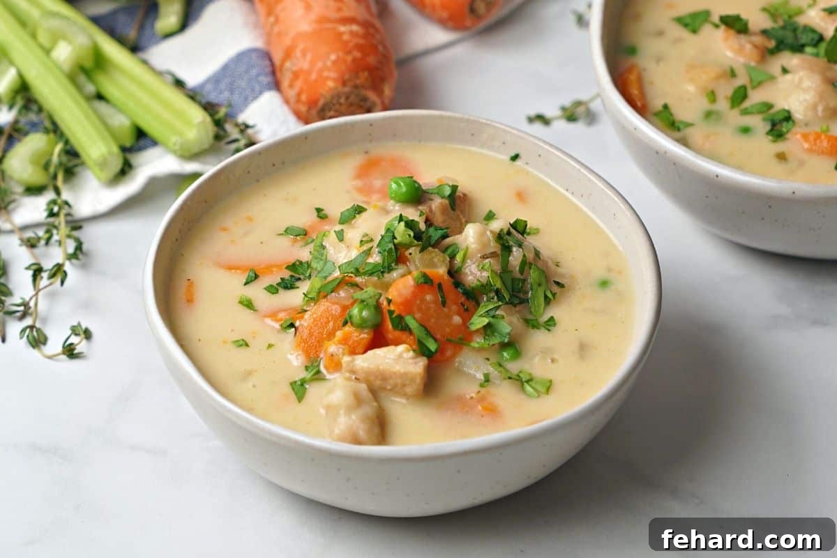 A beautifully presented bowl of Instant Pot Chicken and Dumplings, topped generously with fresh chopped parsley, ready for serving.